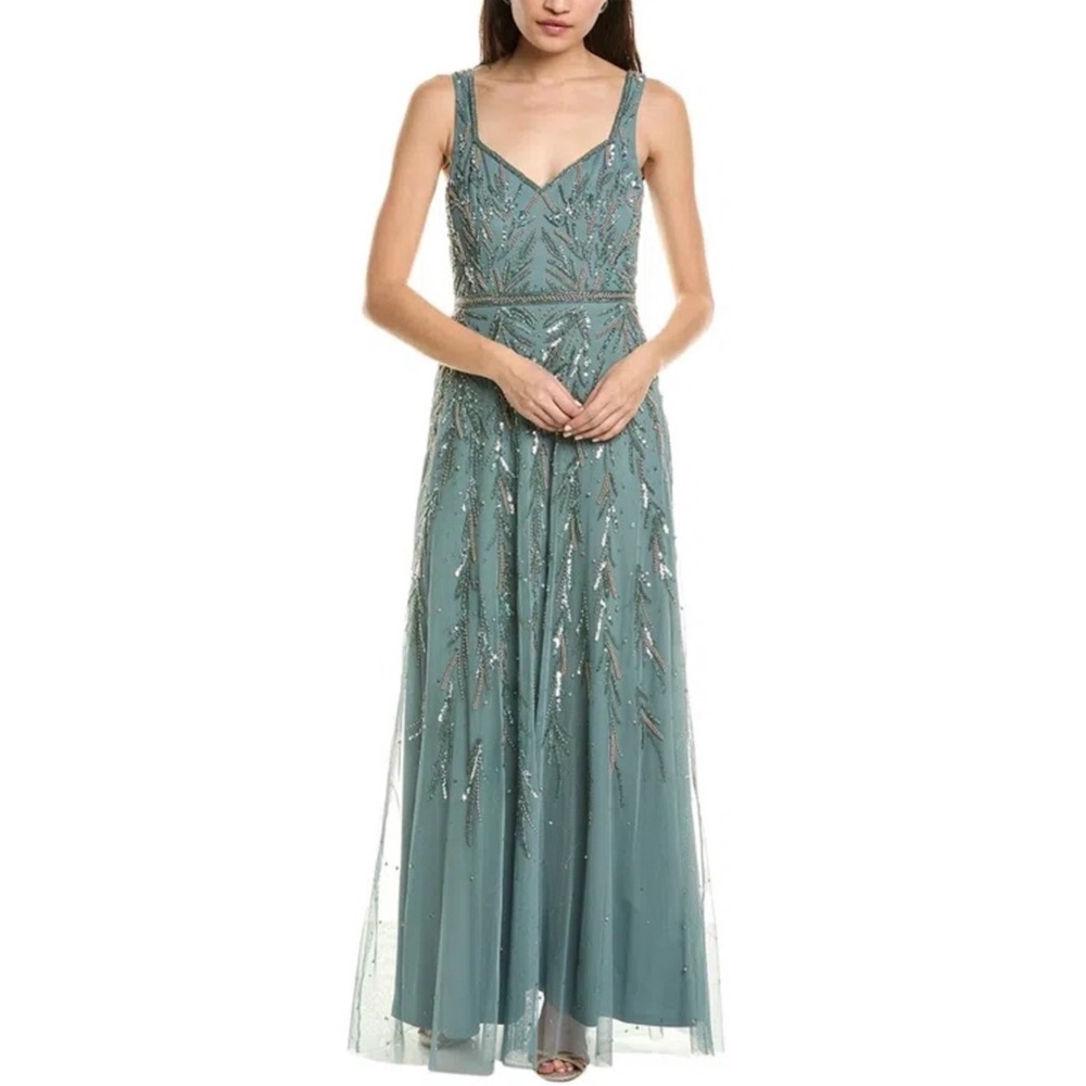 NWT Aidan Mattox by Adriana Papell Green Beaded Sequin Long Gown Dress 2 $595